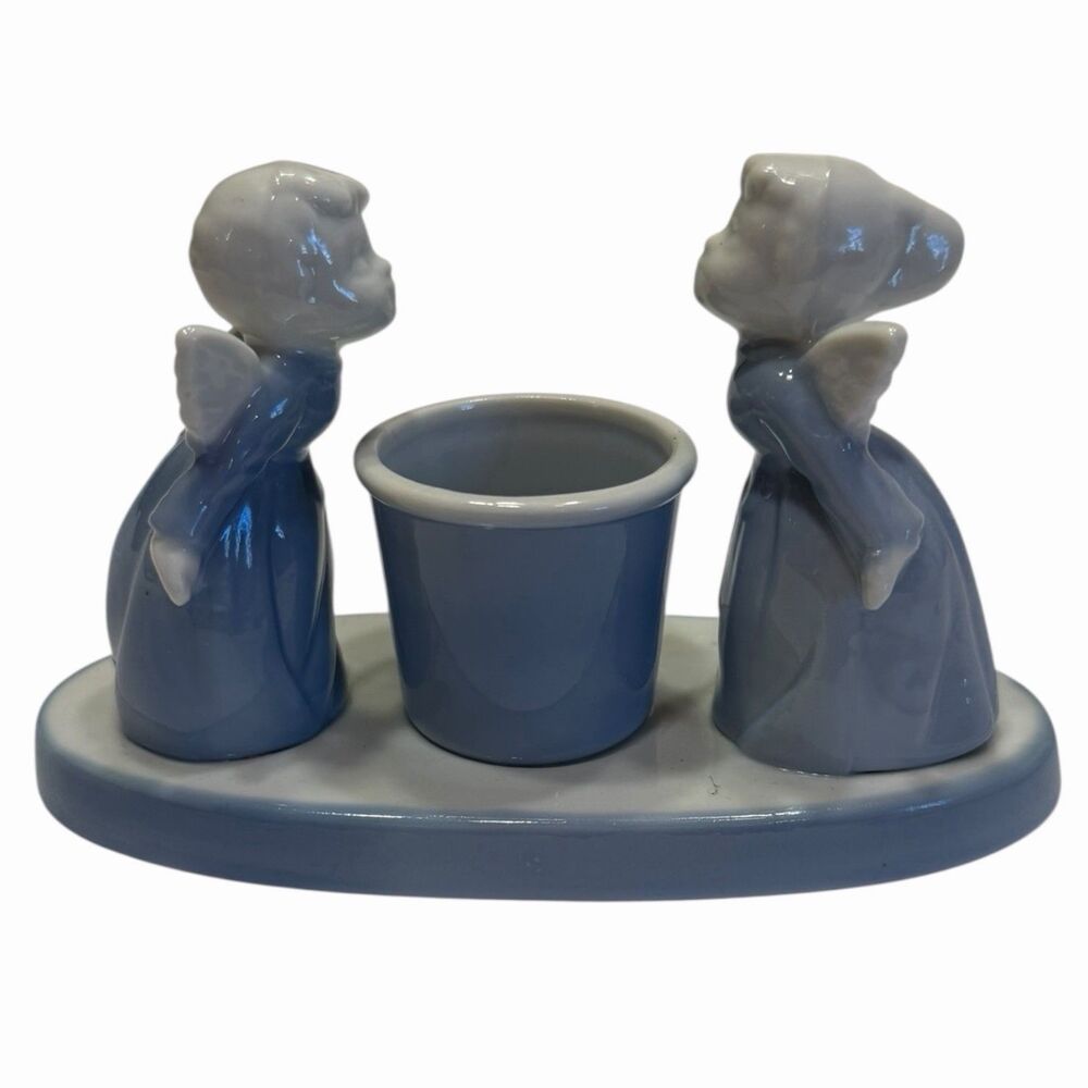 Angel Candle Holder 6" Blue White Ceramic Colonial Candle Japan Vintage Decor